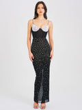 JIMEA CRYSTAL EMBELLISHED BACK SLIT MAXI DRESS