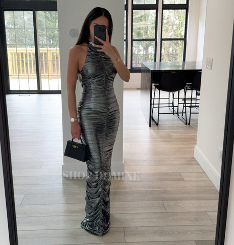 RUCHED SILVER GLITTER BACKLESS GOWN