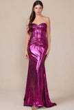 SLEEVELESS STRAPLESS TWISTED PLEATED METALLIC GOWN