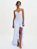 Lacy Blue Ruched Breast High Slit Chiffon Dress