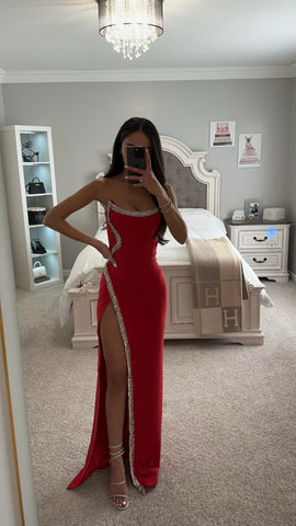 XOANA RED CRYSTAL EMBELLISHED HIGH SLIT GOWN
