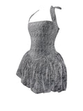 NAOMIE CRYSTAL EMBELLISHED BUBBLE HEM HALTER MINI DRESS