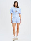 Qusayla Baby Blue Gingham Bubble Sleeve Bowtie Top