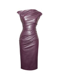 SABINA PURPLE LEATHER SLASH NECK MIDI DRESS