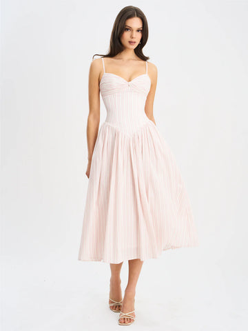 Zania Pink Stripe Ruched Breast Cotton Midi Dress