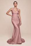 STRETCH SATIN HALTER FITTED DRESS