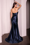 PLEATED STRAPLESS FITTED SATIN GOWN