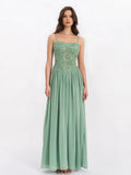 Ucille Sage Green Embroidered Chiffon Maxi Dress