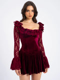 Yachira Burgundy Velvet Lace Flare Sleeve Mini Dress