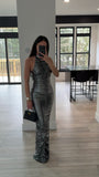 RUCHED SILVER GLITTER BACKLESS GOWN