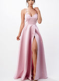 SPAGHETTI STRAP SATIN A LINE GOWN