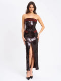 QADIRA BURGUNDY BROWN SEQUIN MAXI DRESS