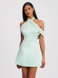 Light Cyan Halter Off-shoulder Backless Mini Dress