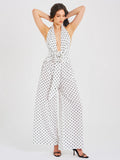 Oriana White Polka Dots Halter Jumpsuit