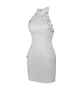 ORI WHITE HALTER NECK CRYSTAL PEARL MINI DRESS