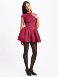 JACQUELINE BACKLESS BURGUNDY PUFFY SUEDE MINI DRESS