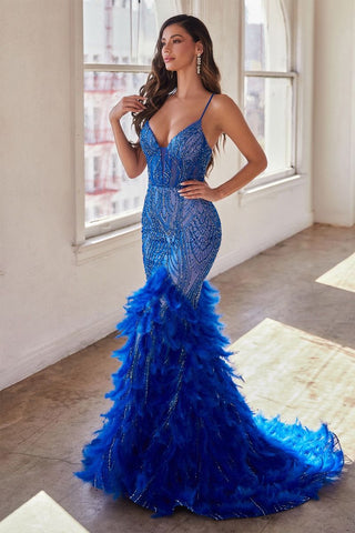 FULLY EMBELLISHED FEATHER MERMAID GOWN