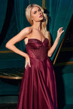 STRAPLESS BEADED SATIN A LINE GOWN