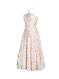 Zaina Yellow Pink Floral Print Lace Midi Dress