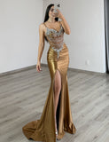 FITTED BEADED AND SATIN METALLIC GOWN