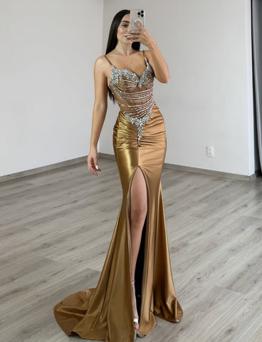 FITTED BEADED AND SATIN METALLIC GOWN