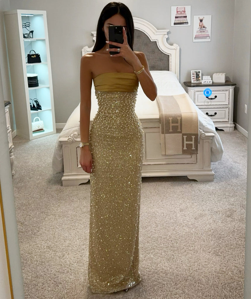 LAINEY GOLD SATIN SEQUIN PEARL BEADED MAXI DRESS – SHOP DDMINE
