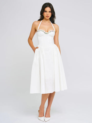 ROBE LONGUE BLANCHE BRODÉE À COL NU GIANNA 