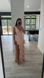 Talyssa Baby Pink Ruched Waist Double High Slit Maxi Gown