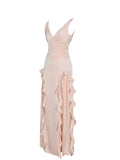 Talyssa Baby Pink Ruched Waist Double High Slit Maxi Gown