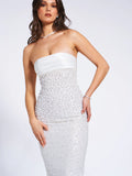 LAINEY WHITE SATIN SEQUIN PEARL BEADED MAXI DRESS