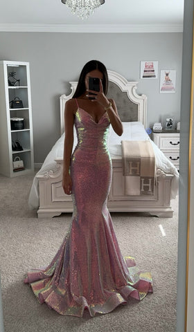 IRIDESCENT LIQUID SEQUIN FITTED GOWN