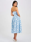 PALOMA BLUE PRINT LINEN CORSET DRAPING MIDI DRESS