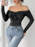 Perfee Ruched Flower Off-Shoulder Long Sleeve Bodysuit