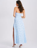 XATIA BLUE JACQUARD HIGH SLIT MAXI DRESS