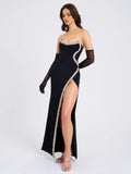 XOANA BLACK CRYSTAL EMBELLISHED HIGH SLIT GOWN