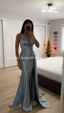 SATIN HALTER WRAP LOOK DRAPED GOWN