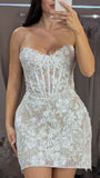 STRAPLESS SHORT LACE MIDI WEDDING DRESS