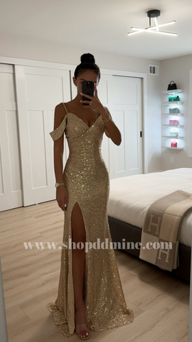 DRAPED SHOULDER SEQUIN FITTED GOWN