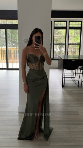 MESH CORSET DRAPED SATIN GOWN
