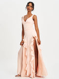 Talyssa Baby Pink Ruched Waist Double High Slit Maxi Gown