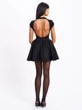 JACQUELINE BACKLESS BLACK PUFFY SUEDE MINI DRESS