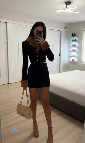 Wylda Navy Blue Boucle Wool Bodycon Mini Skirt