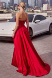 STRAPLESS BEADED SATIN A LINE GOWN