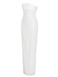 LAINEY WHITE SATIN SEQUIN PEARL BEADED MAXI DRESS