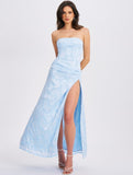 XATIA BLUE JACQUARD HIGH SLIT MAXI DRESS