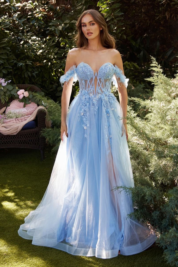 Off-the-Shoulder A-Line Gown with Lace Applique Bodice Dusty Blue main image 1