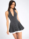 HAZEL GREY PREPPY HALTER NECK PLEATED MINI DRESS