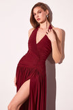 RUCHED HALTER DROP WAIST MAXI DRESS