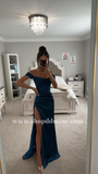 FRENCH NAVY SATIN OFF SHOULDER MAXI DRESS