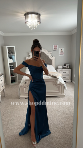 FRENCH NAVY SATIN OFF SHOULDER MAXI DRESS SHOP DDMINE